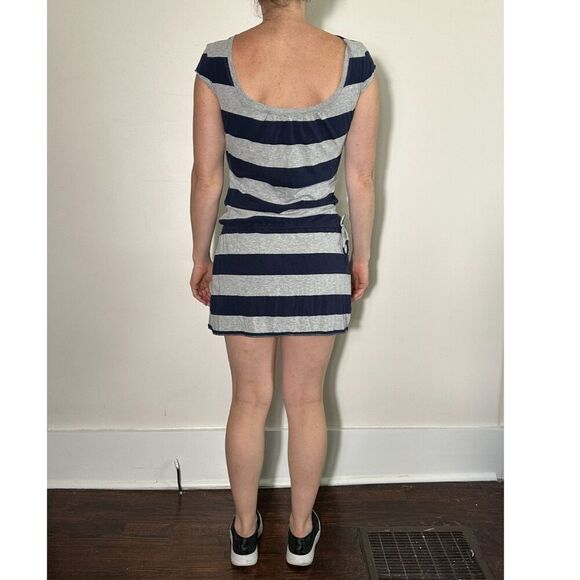 Y2K American Eagle Blue Gray Striped Waist Tie Dress Size Medium - Picture 3 of 7